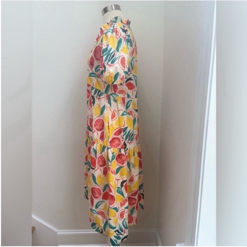 Donna Morgan Floral Dress Citrus Tiered Square Neck Cotton Yellow Red Size 6 - Picture 9 of 13